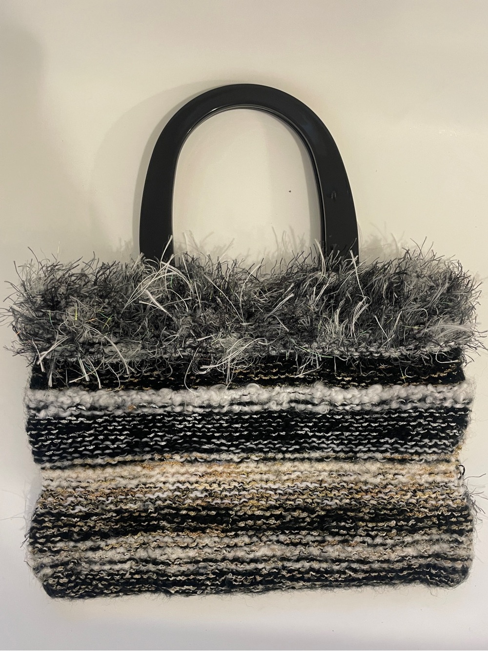 Woven Textural Black, Cream and Gold Stripe Handbag